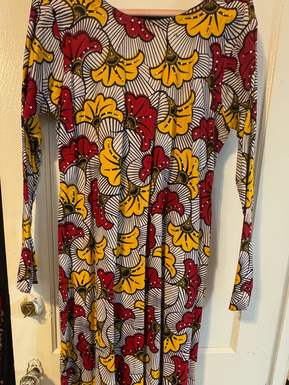 African Long Sleeve Maxi Dress in Yellow & Red with sequins